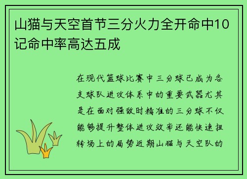 山猫与天空首节三分火力全开命中10记命中率高达五成