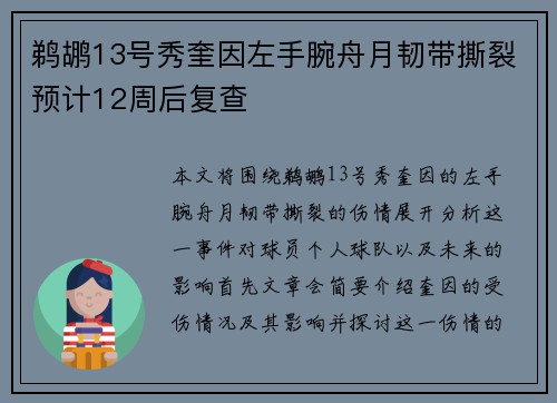 鹈鹕13号秀奎因左手腕舟月韧带撕裂预计12周后复查